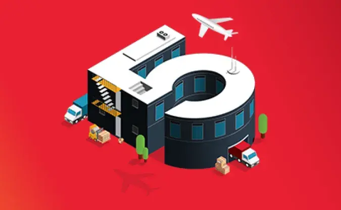 A graphical representation of 5 supply chain strategies. A building shaped like the number 5 is surrounded by freight trucks, a fork lift and an airplane.